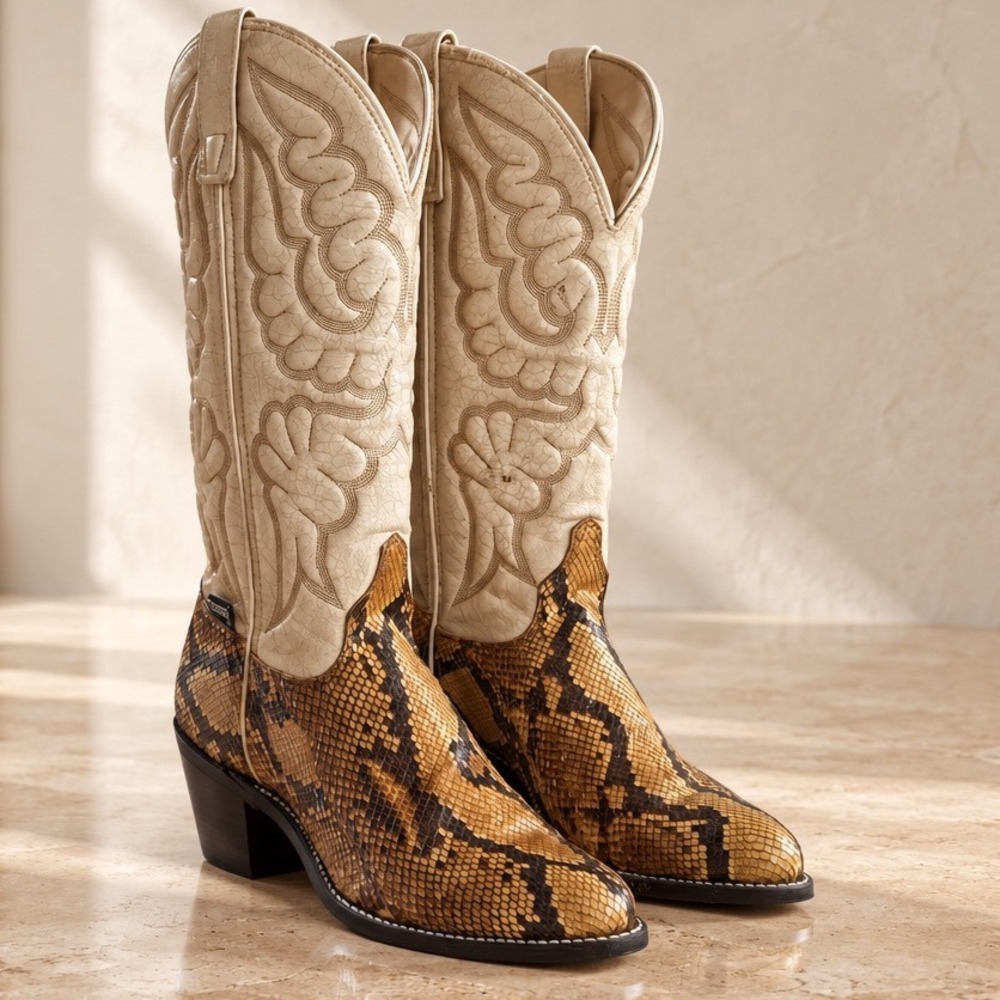 Vtg 70s 80s Capezio Snakeskin Cowboy Boots Cream Leather Western Cowgirl 5.5 USA